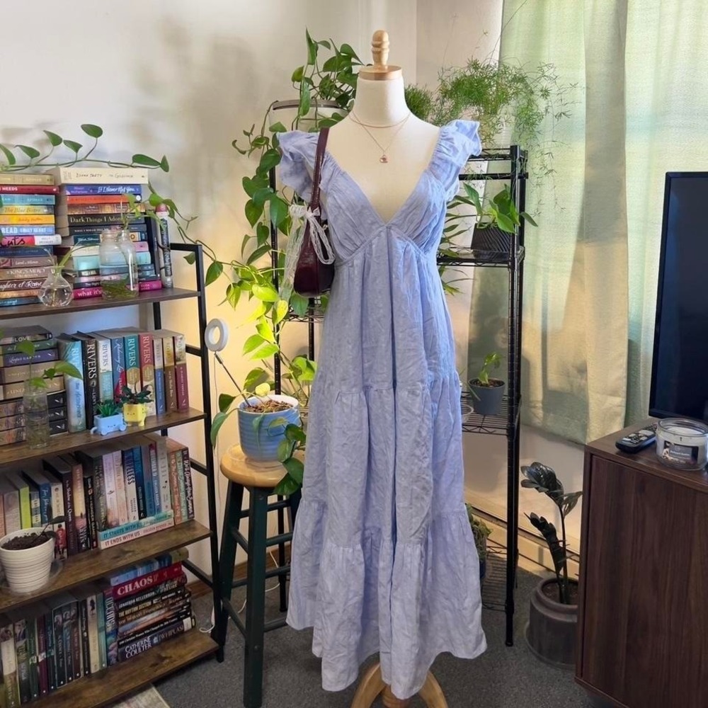 Blue Tiered Midi Dress Size Large Ruffle Sleeve Cotton Boho Preppy Cottage